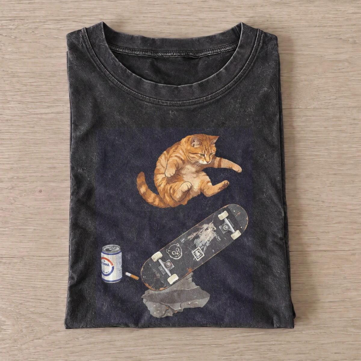 Skater cat beer vintage t shirt washed20black20skater cat beer.webp