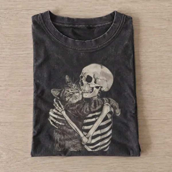 Skeleton cat cuddle vintage t shirt washed20black20skeleton cat cuddle.webp