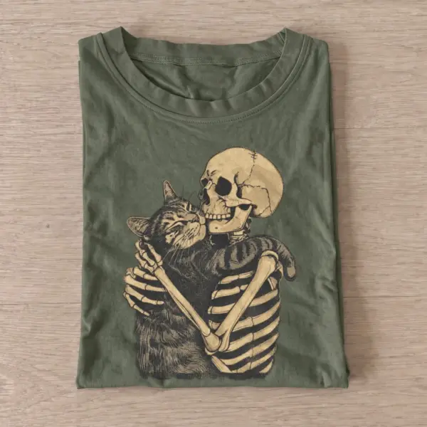 Skeleton cat embrace graphic t shirt olive20skeleton cat embrace.webp