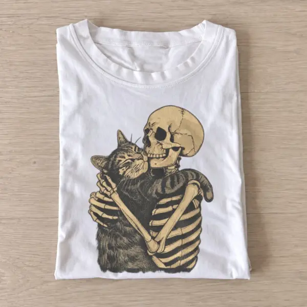 Skeleton cat embrace graphic t shirt white20skeleton cat embrace.webp