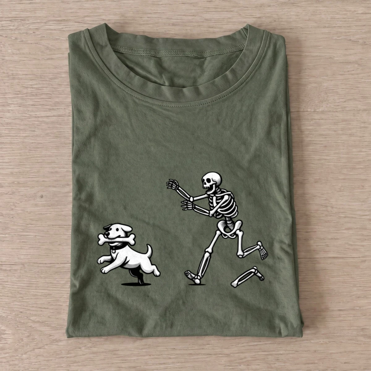Skeleton chasing dog t shirt olive20skeleton chasing dog.webp
