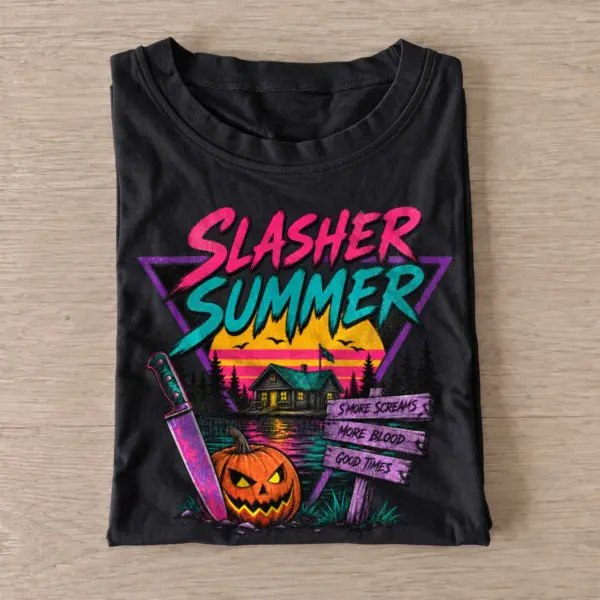 Slasher summer retro horror t shirt black20slasher summer.webp
