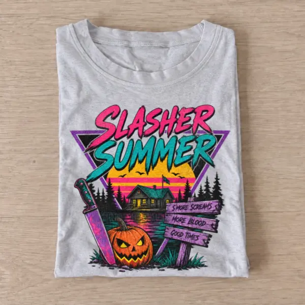 Slasher summer retro horror t shirt gray20slasher summer.webp