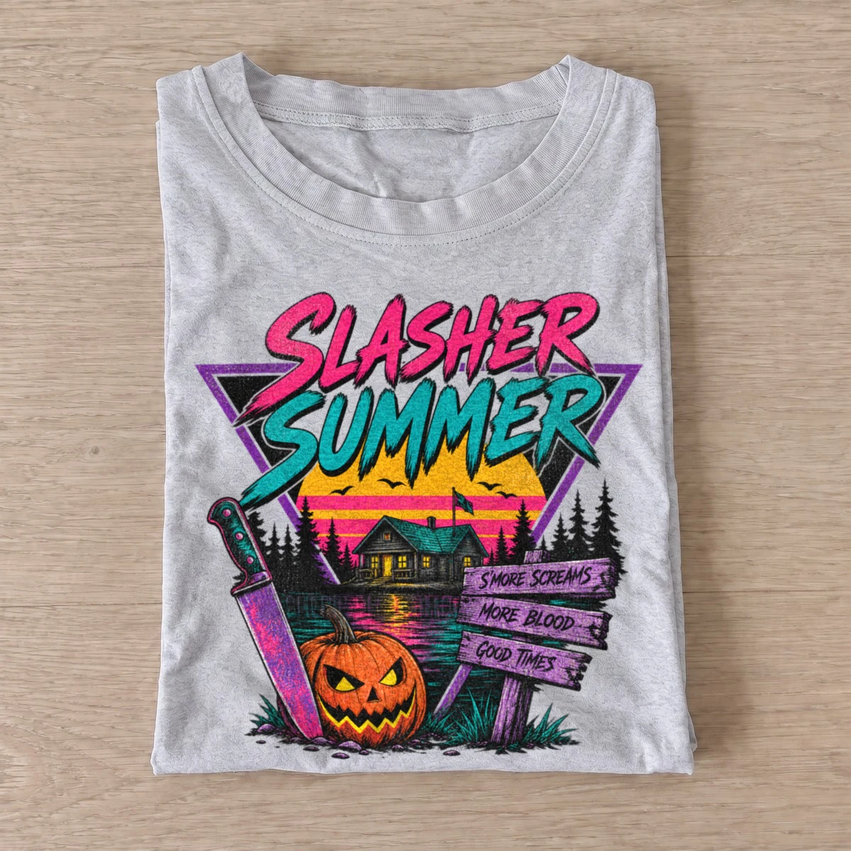 Slasher summer retro horror t shirt gray20slasher summer.webp