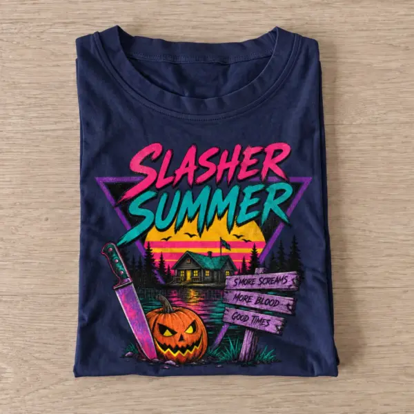 Slasher summer retro horror t shirt navy20slasher summer.webp