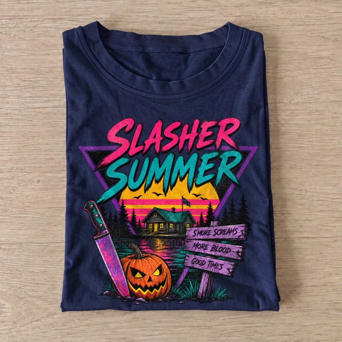 Slasher summer retro horror t shirt navy20slasher summer.webp