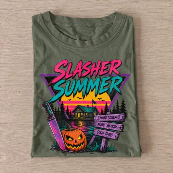 Slasher summer retro horror t shirt olive20slasher summer.webp