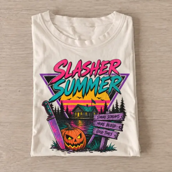 Slasher summer retro horror t shirt sand20slasher summer.webp