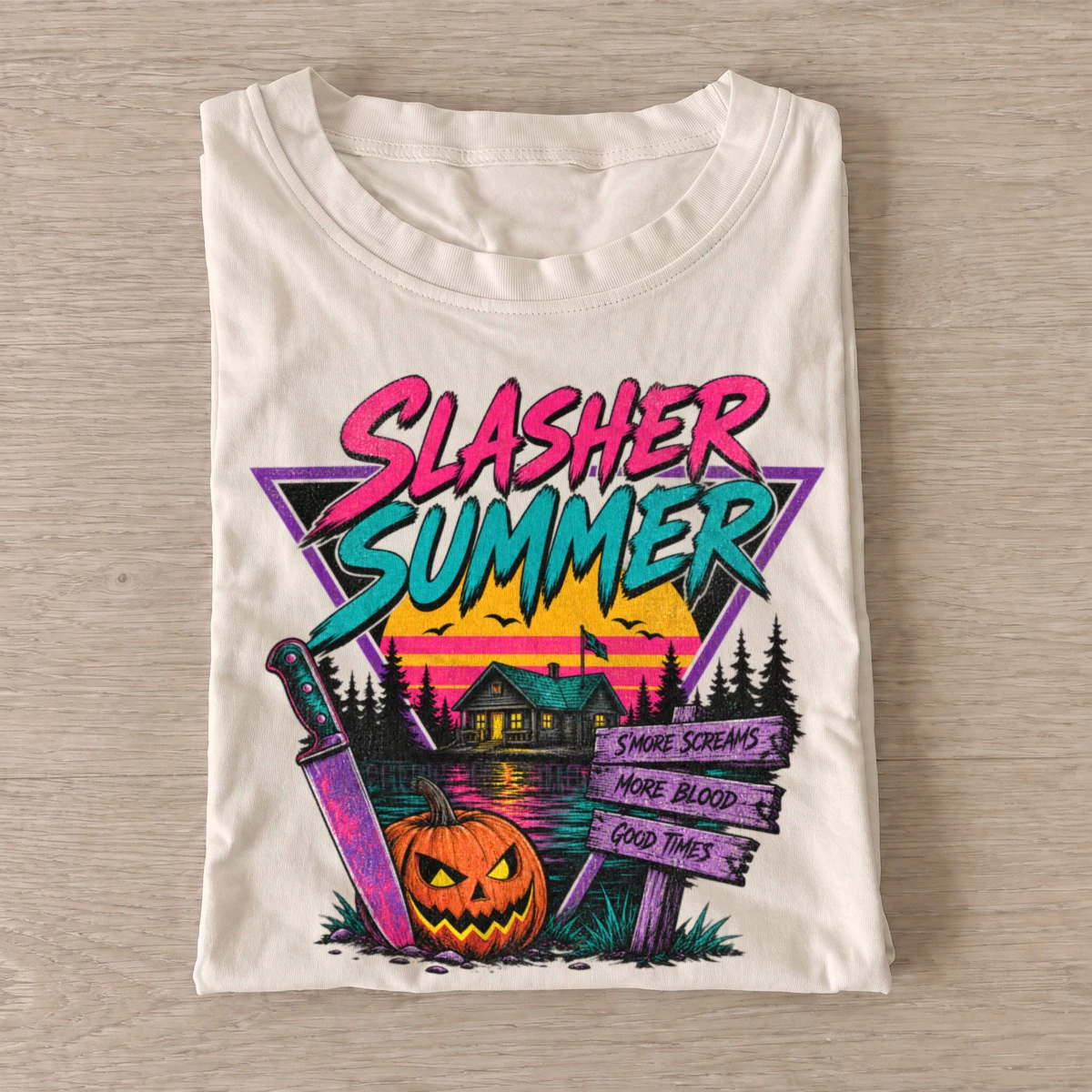 Slasher summer retro horror t shirt sand20slasher summer.webp