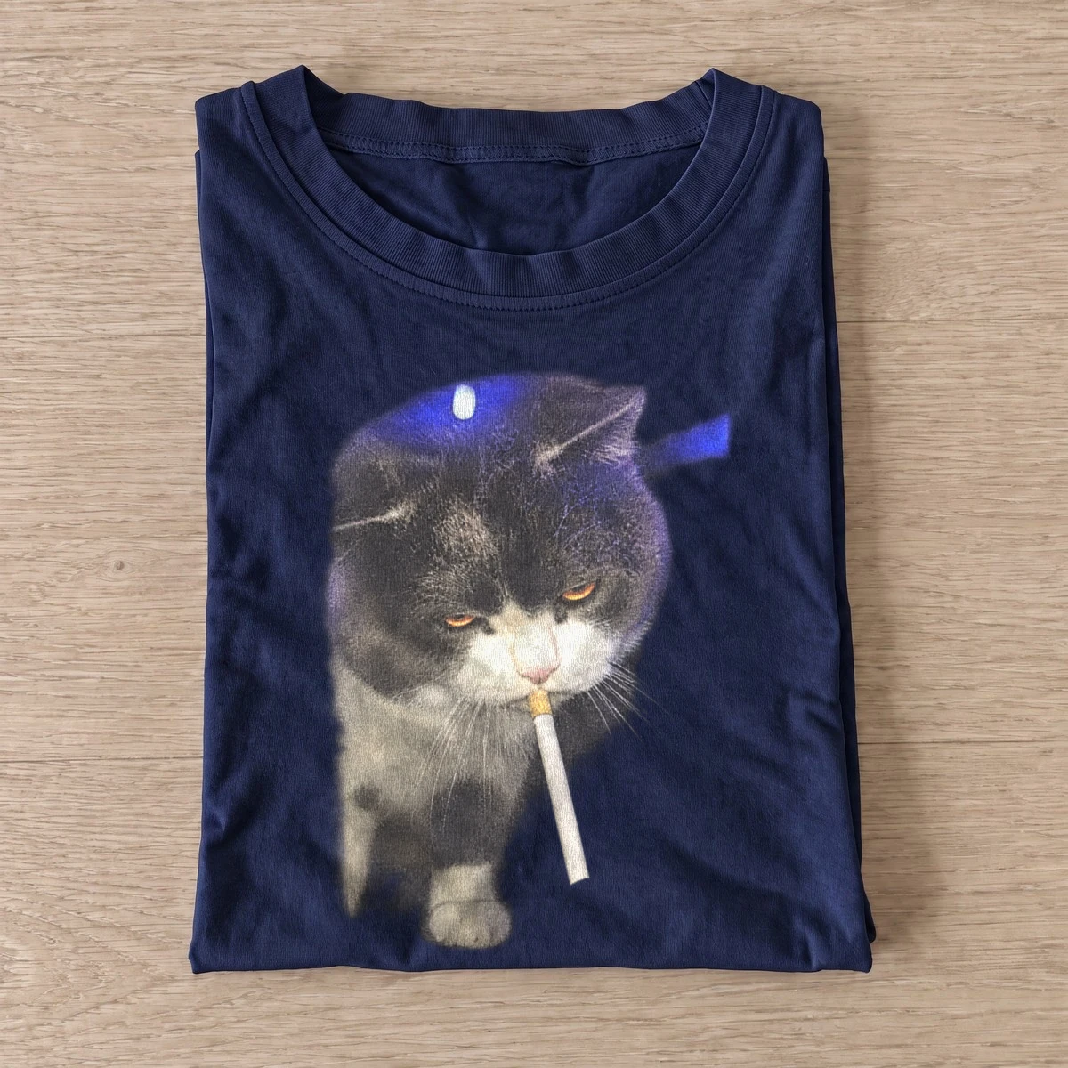 Smoking gray cat graphic t shirt navy20smoking gray cat.webp