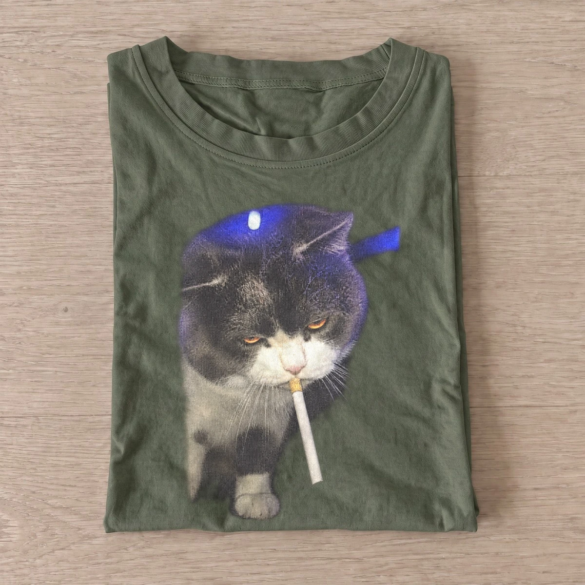 Smoking gray cat graphic t shirt olive20smoking gray cat.webp