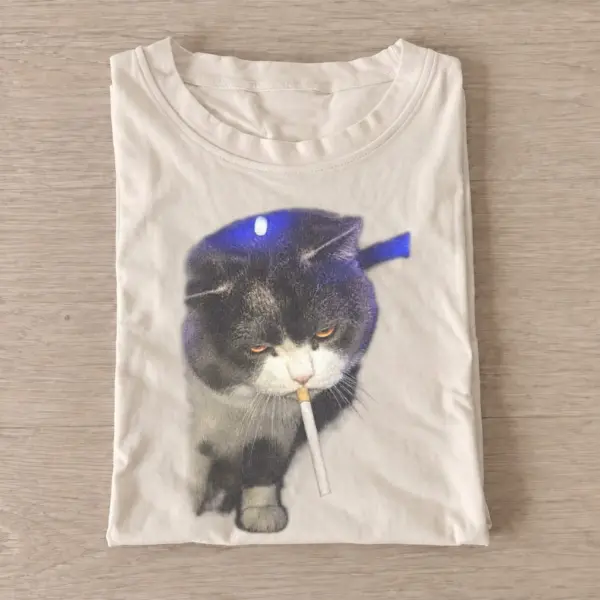 Smoking gray cat graphic t shirt sand20smoking gray cat.webp