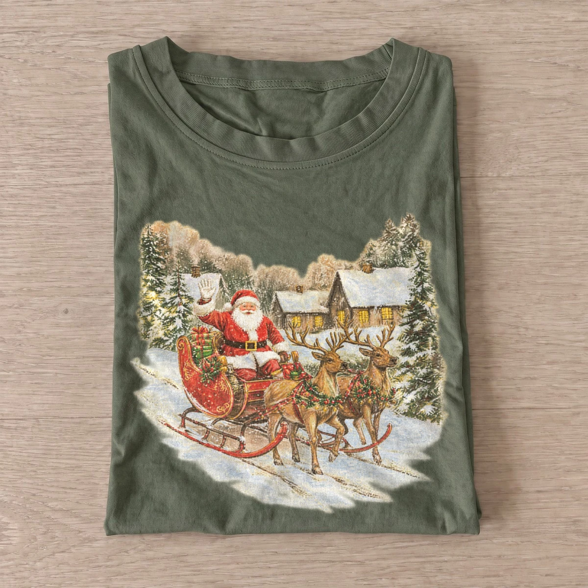 Snowy cottage sleigh christmas t shirt olive20snowy cottage sleigh.webp