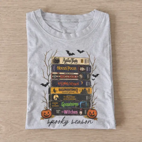 Spooky season movie stack t shirt gray20spooky movie stack.webp