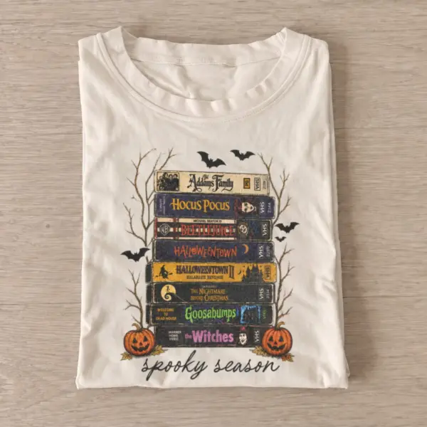 Spooky season movie stack t shirt sand20spooky movie stack.webp
