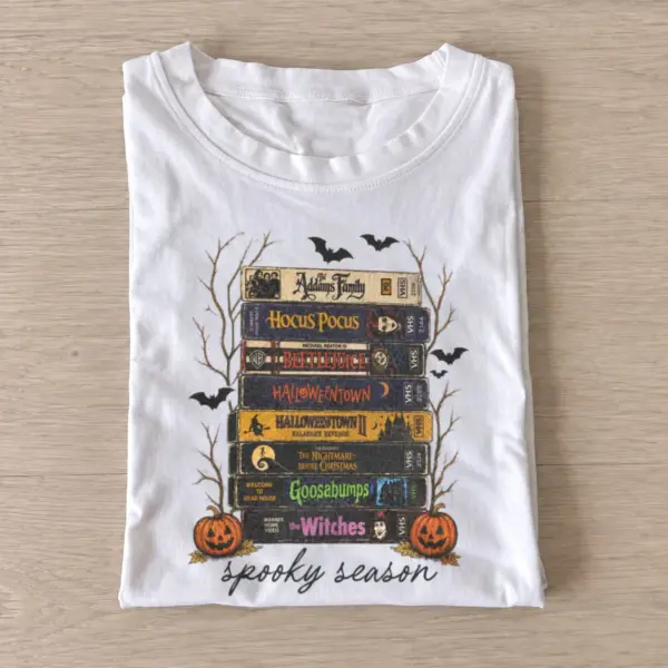 Spooky season movie stack t shirt white20spooky movie stack.webp