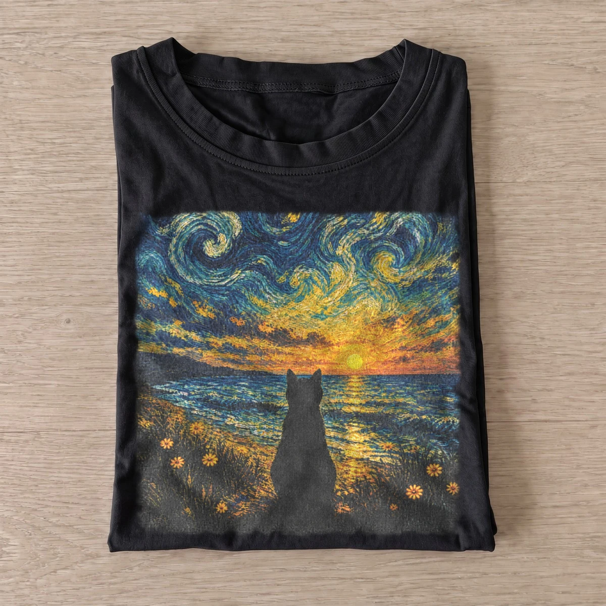Starry sunset cat t shirt black20starry sunset cat.webp