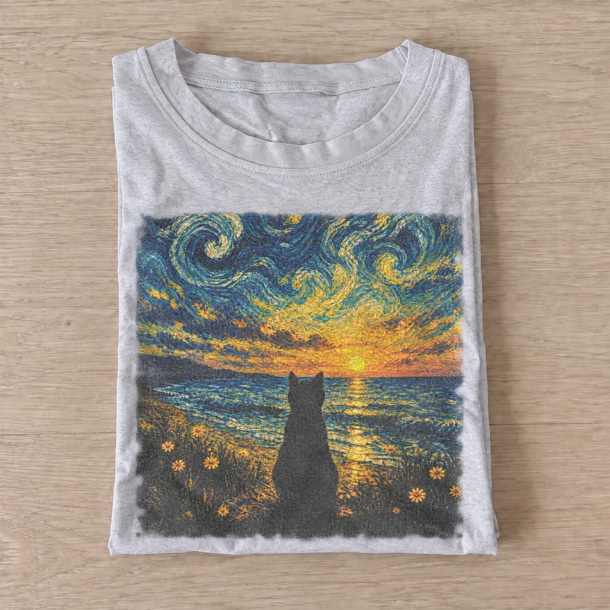 Starry sunset cat t shirt gray20starry sunset cat.webp