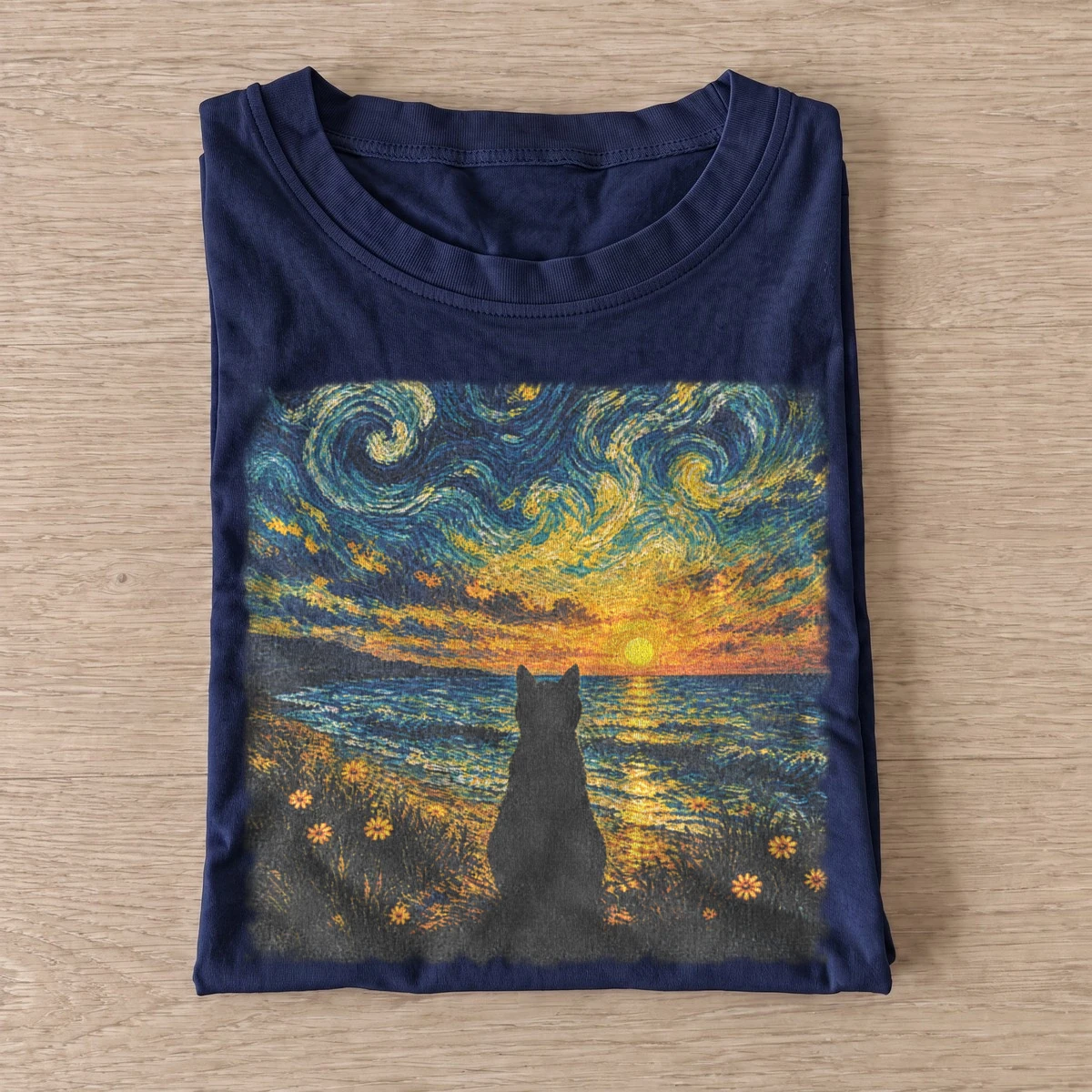 Starry sunset cat t shirt navy20starry sunset cat.webp