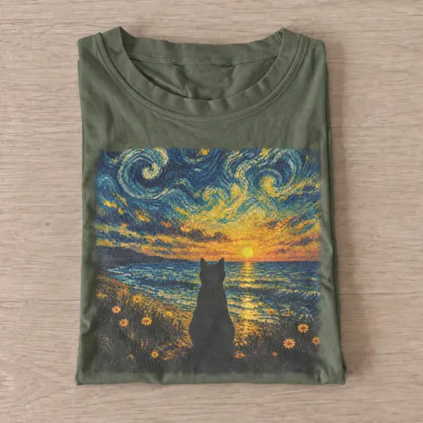 Starry sunset cat t shirt olive20starry sunset cat.webp
