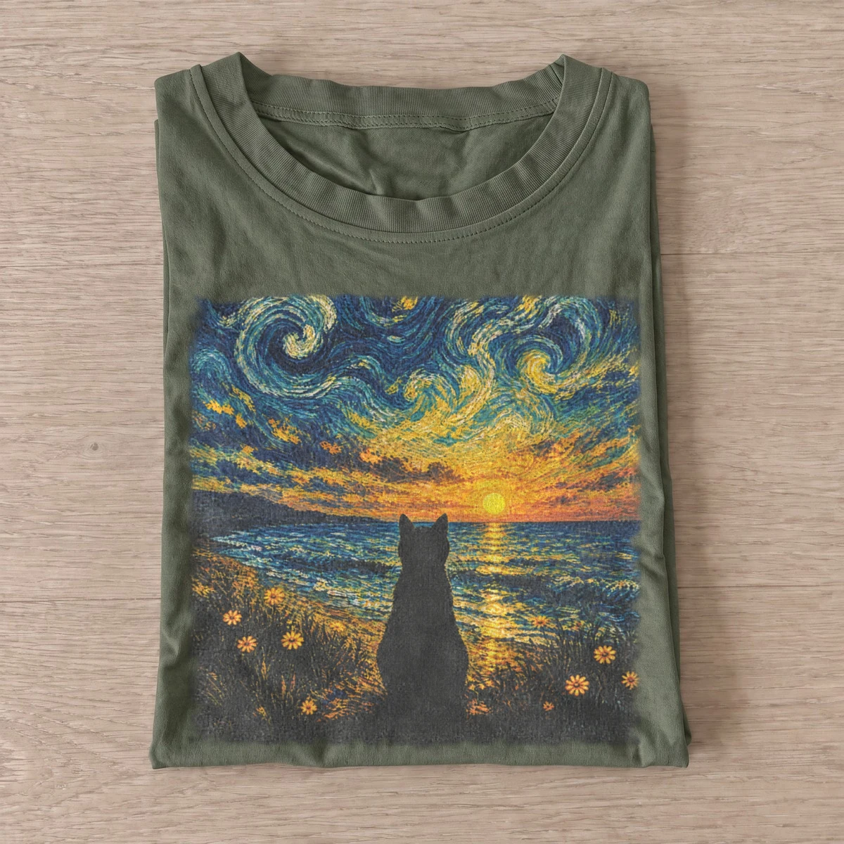 Starry sunset cat t shirt olive20starry sunset cat.webp