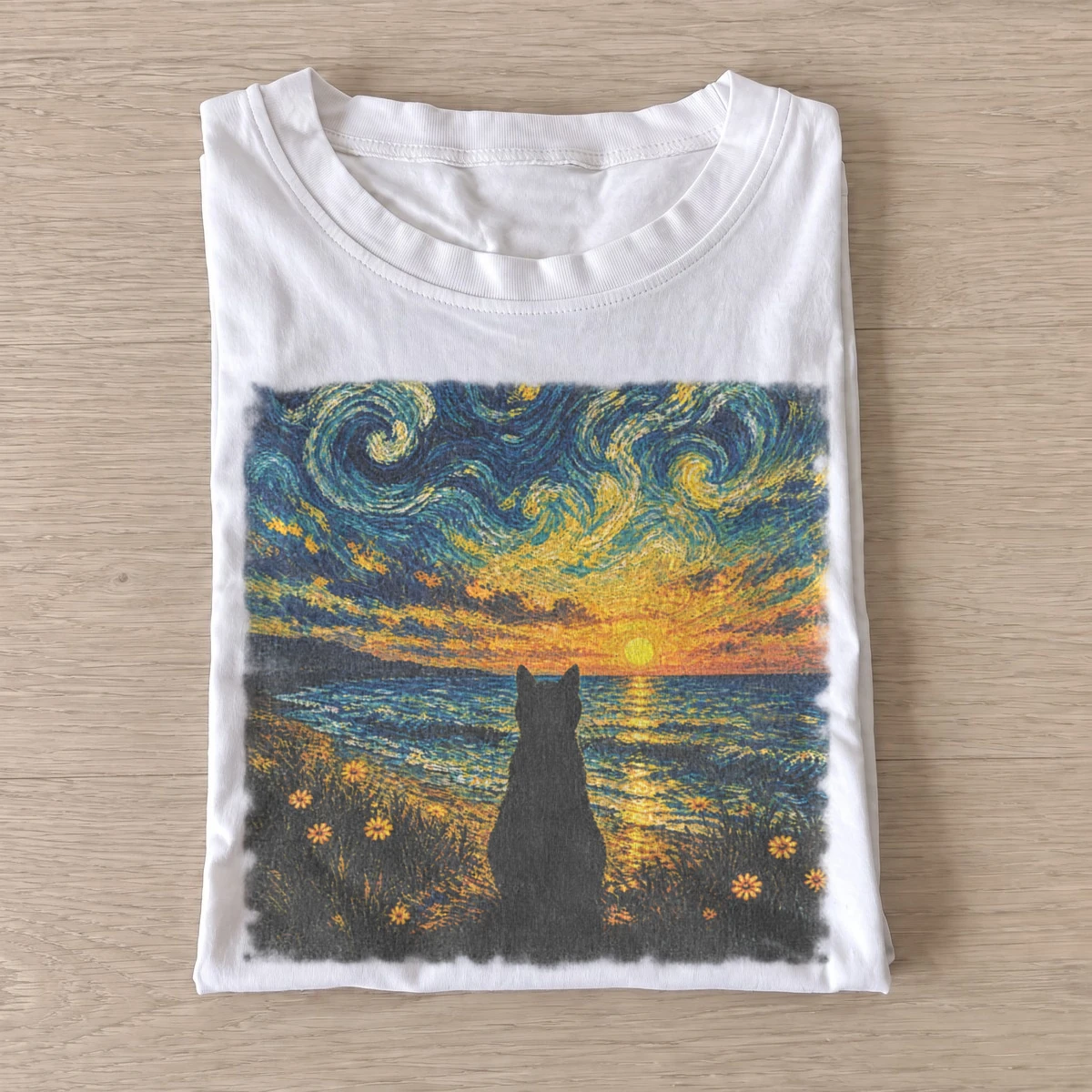 Starry sunset cat t shirt white20starry sunset cat.webp