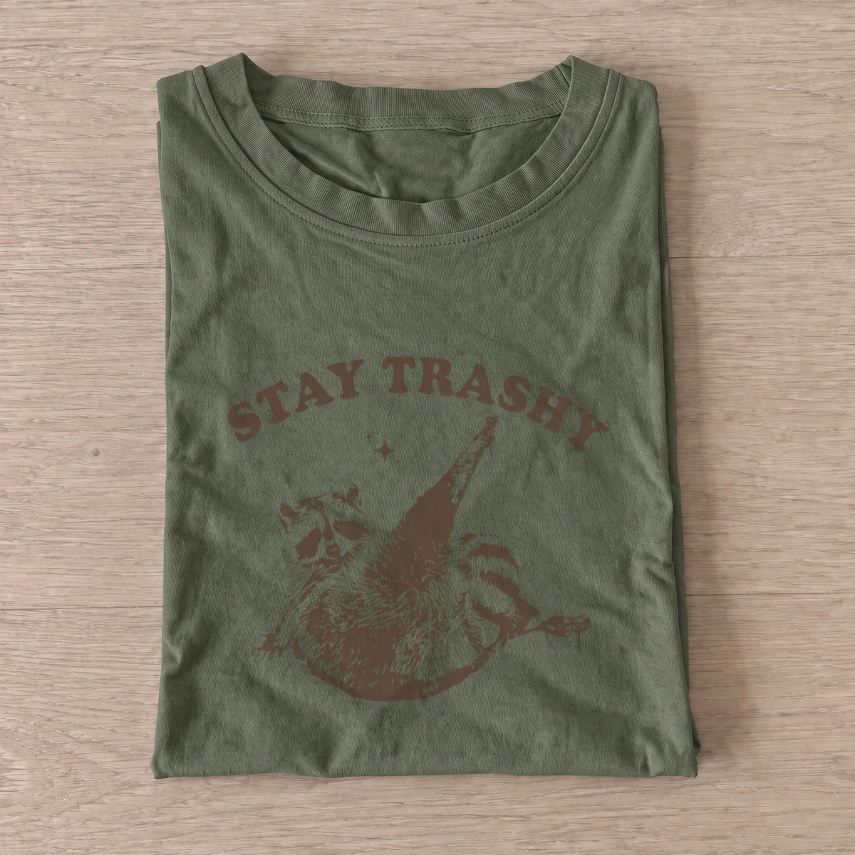 Stay trashy raccoon t shirt olive20stay trashy raccoon.webp