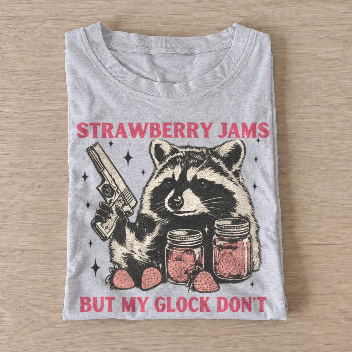 Strawberry jams but my glock dont raccoon t shirt gray20strawberry jams raccoon.webp