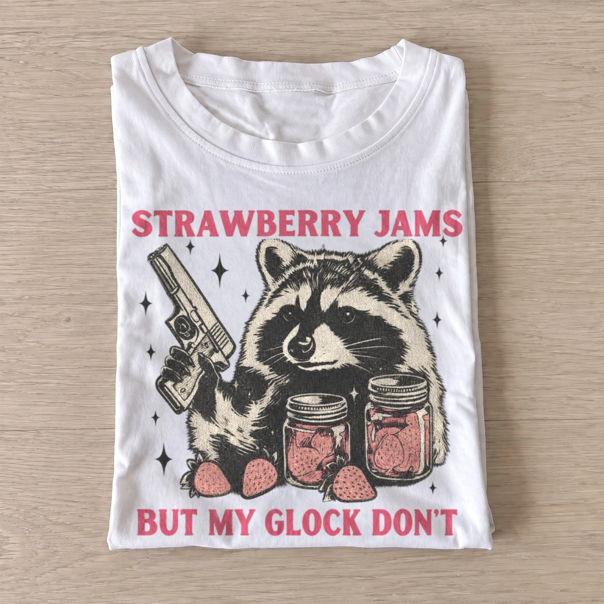 Strawberry jams but my glock dont raccoon t shirt white20strawberry jams raccoon.webp