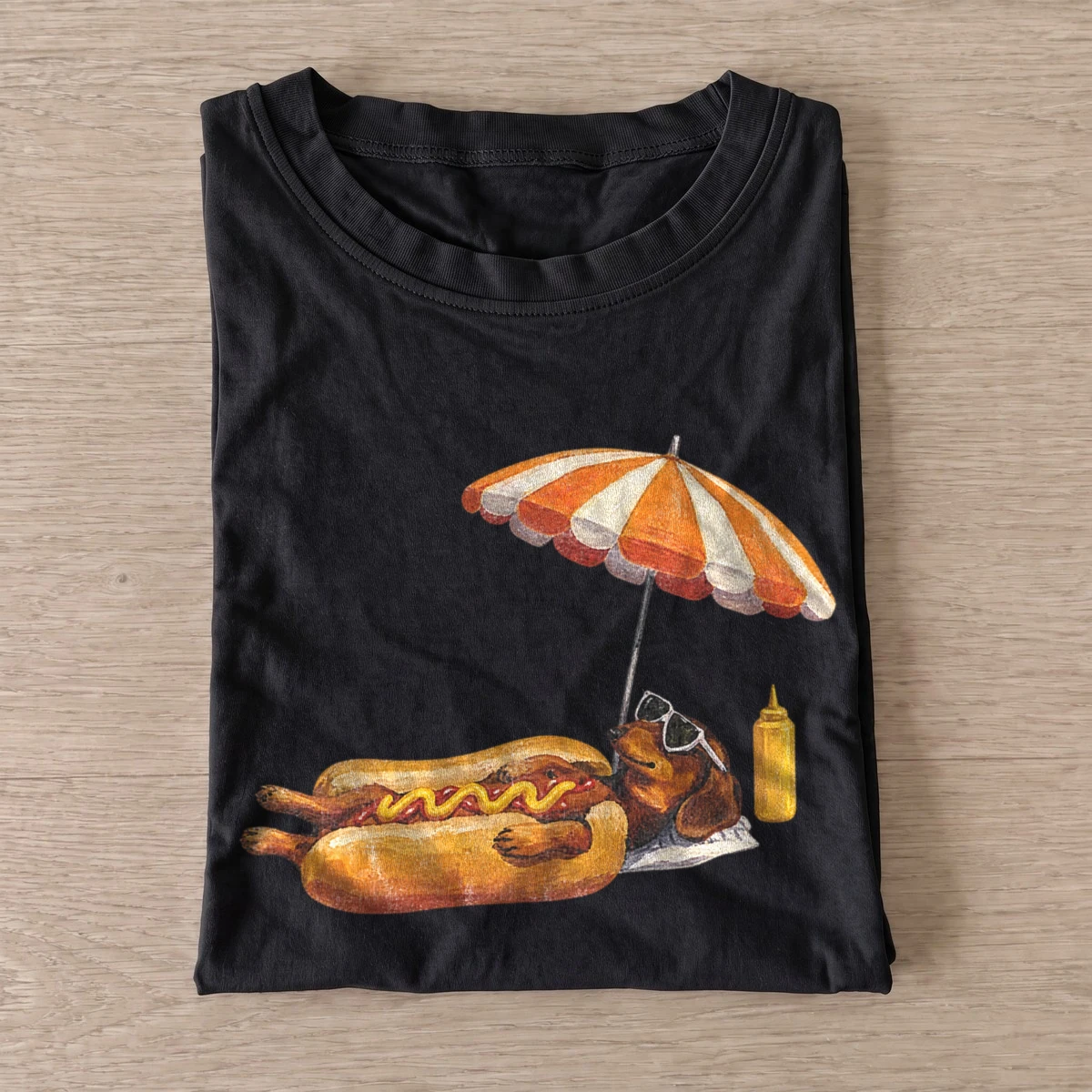 Sunbathing dachshund hot dog t shirt black20sunbathing hot dog.webp