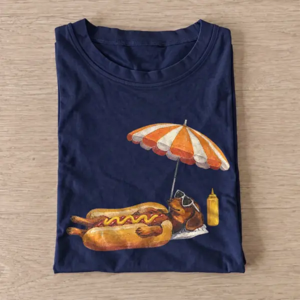 Sunbathing dachshund hot dog t shirt navy20sunbathing hot dog.webp