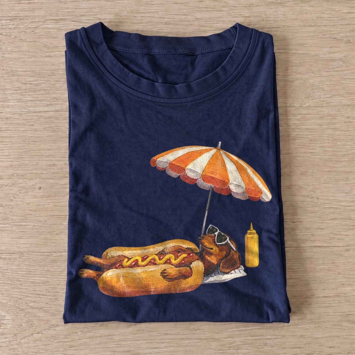Sunbathing dachshund hot dog t shirt navy20sunbathing hot dog.webp