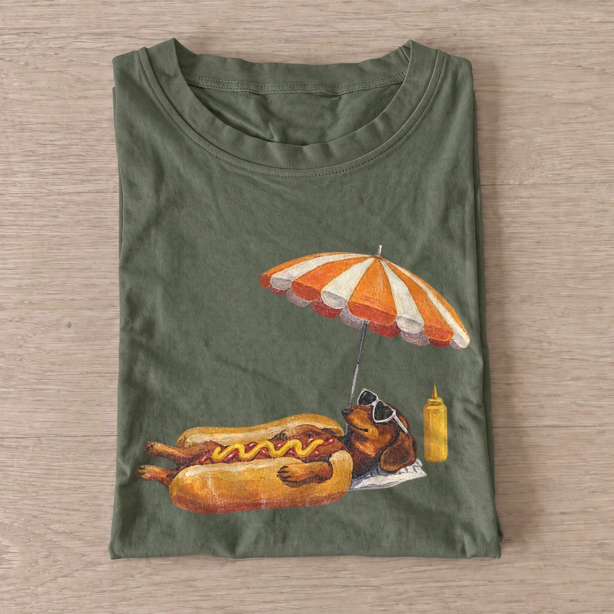 Sunbathing dachshund hot dog t shirt olive20sunbathing hot dog.webp