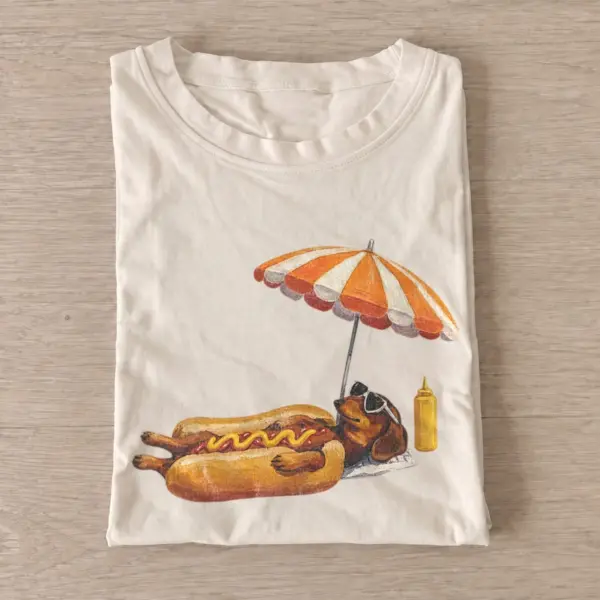 Sunbathing dachshund hot dog t shirt sand20sunbathing hot dog.webp