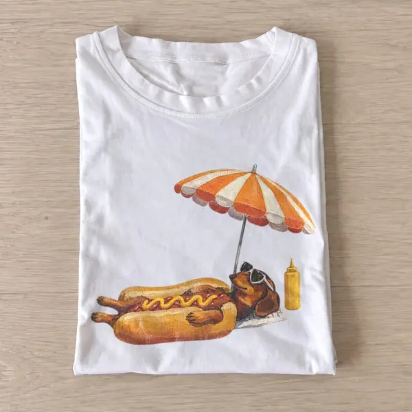 Sunbathing dachshund hot dog t shirt white20sunbathing hot dog.webp