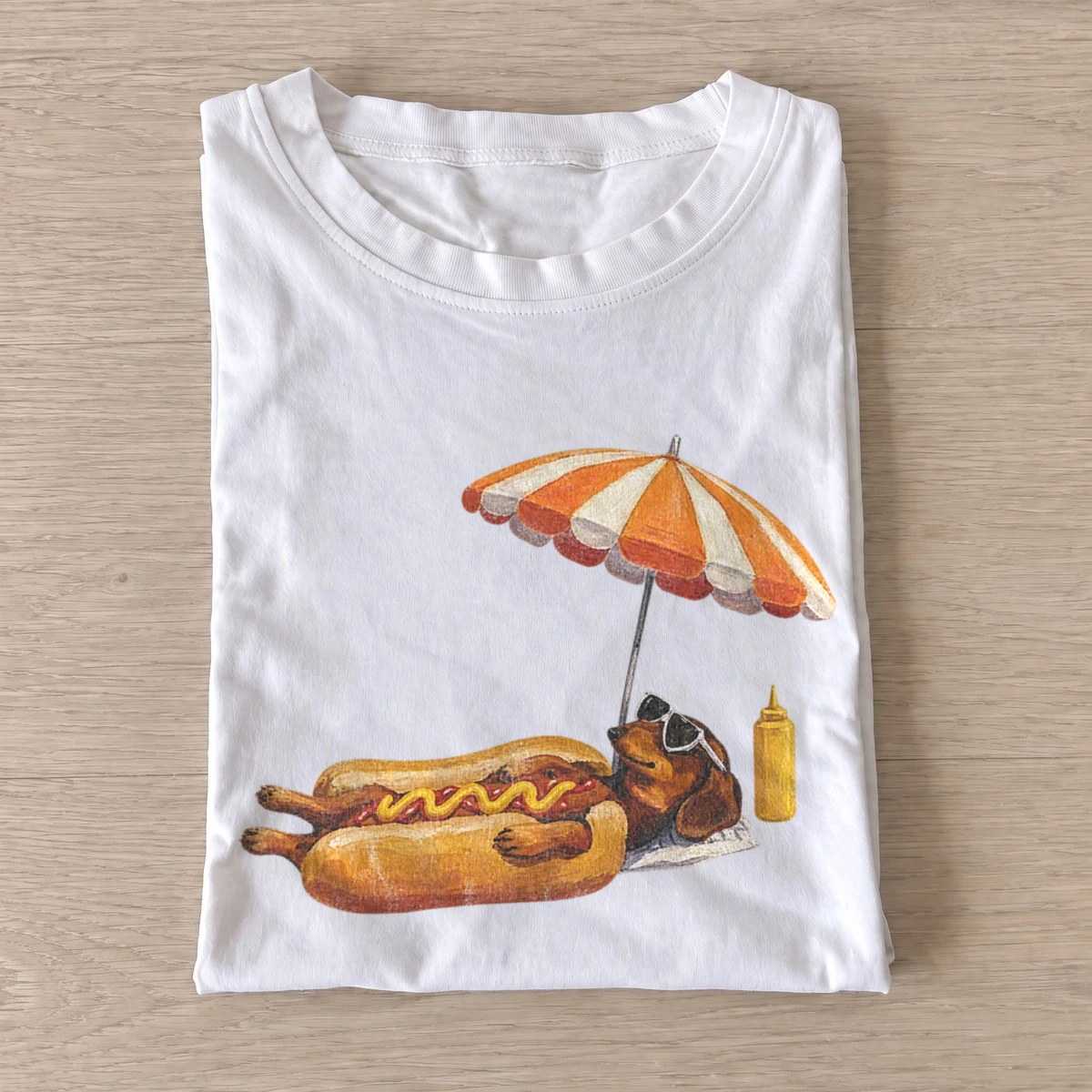 Sunbathing dachshund hot dog t shirt white20sunbathing hot dog.webp