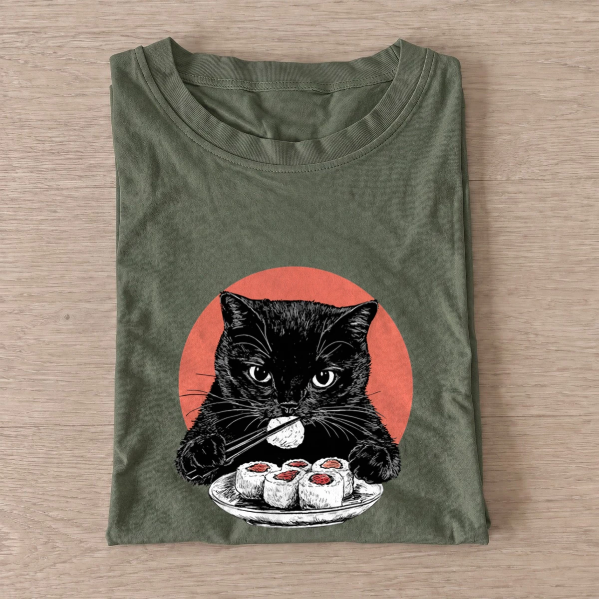 Sushi cat sunset t shirt olive20sushi cat sunset.webp