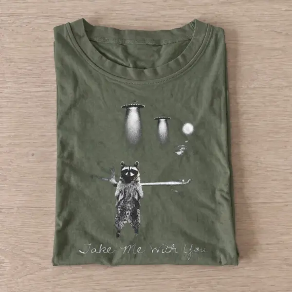 Take me with you raccoon ufo t shirt olive20take me raccoon.webp