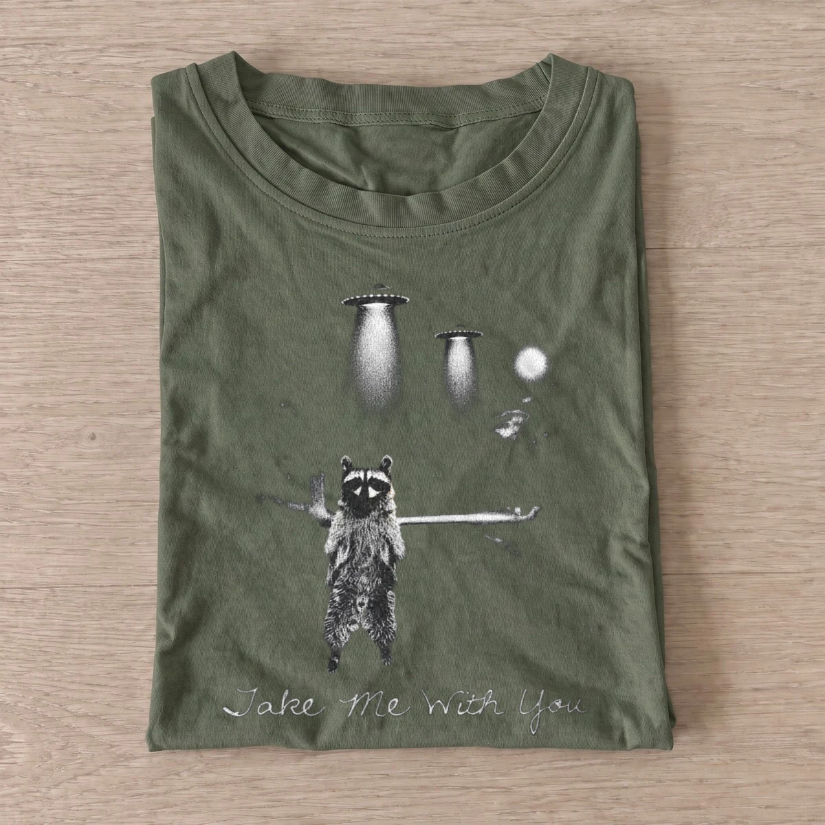Take me with you raccoon ufo t shirt olive20take me raccoon.webp