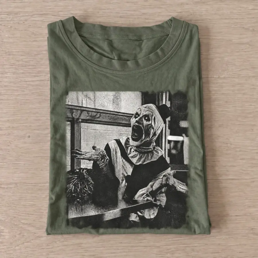 Terrified killer clown t shirt olive20terrified killer clown.webp