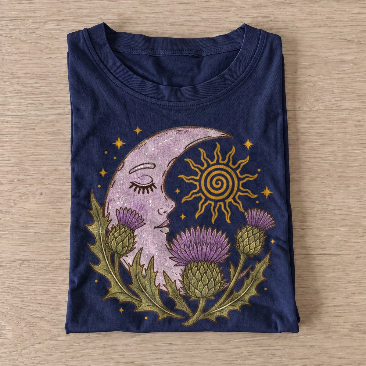 Thistle moon and sun t shirt navy20thistle moon sun.webp