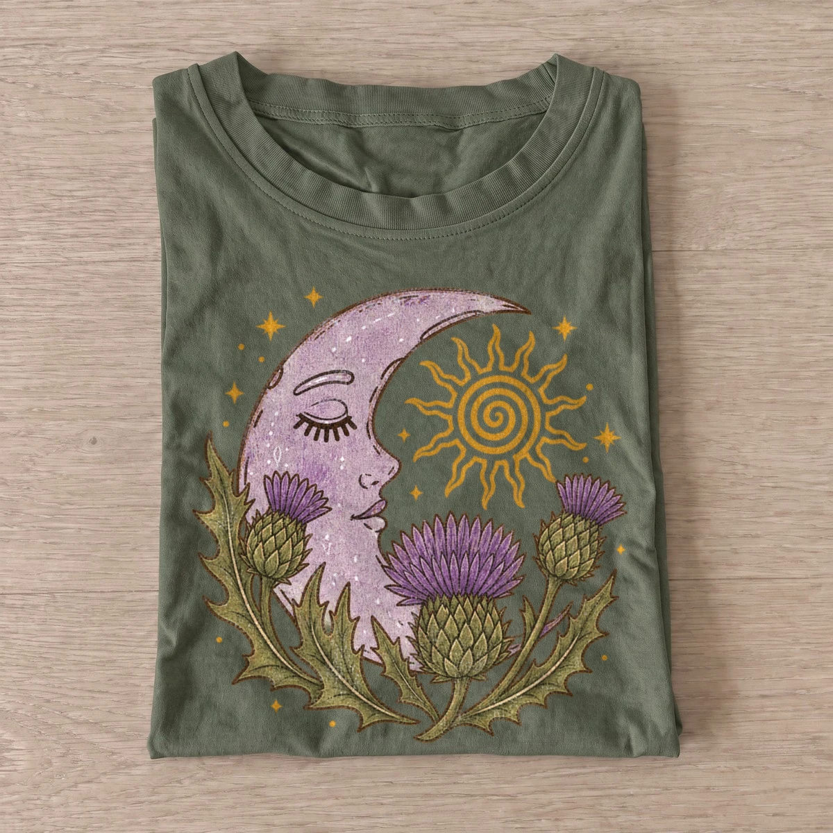 Thistle moon and sun t shirt olive20thistle moon sun.webp