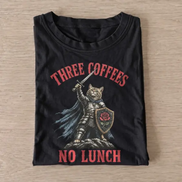 Three coffees no lunch cat knight t shirt black20coffee fueled cat knight.webp