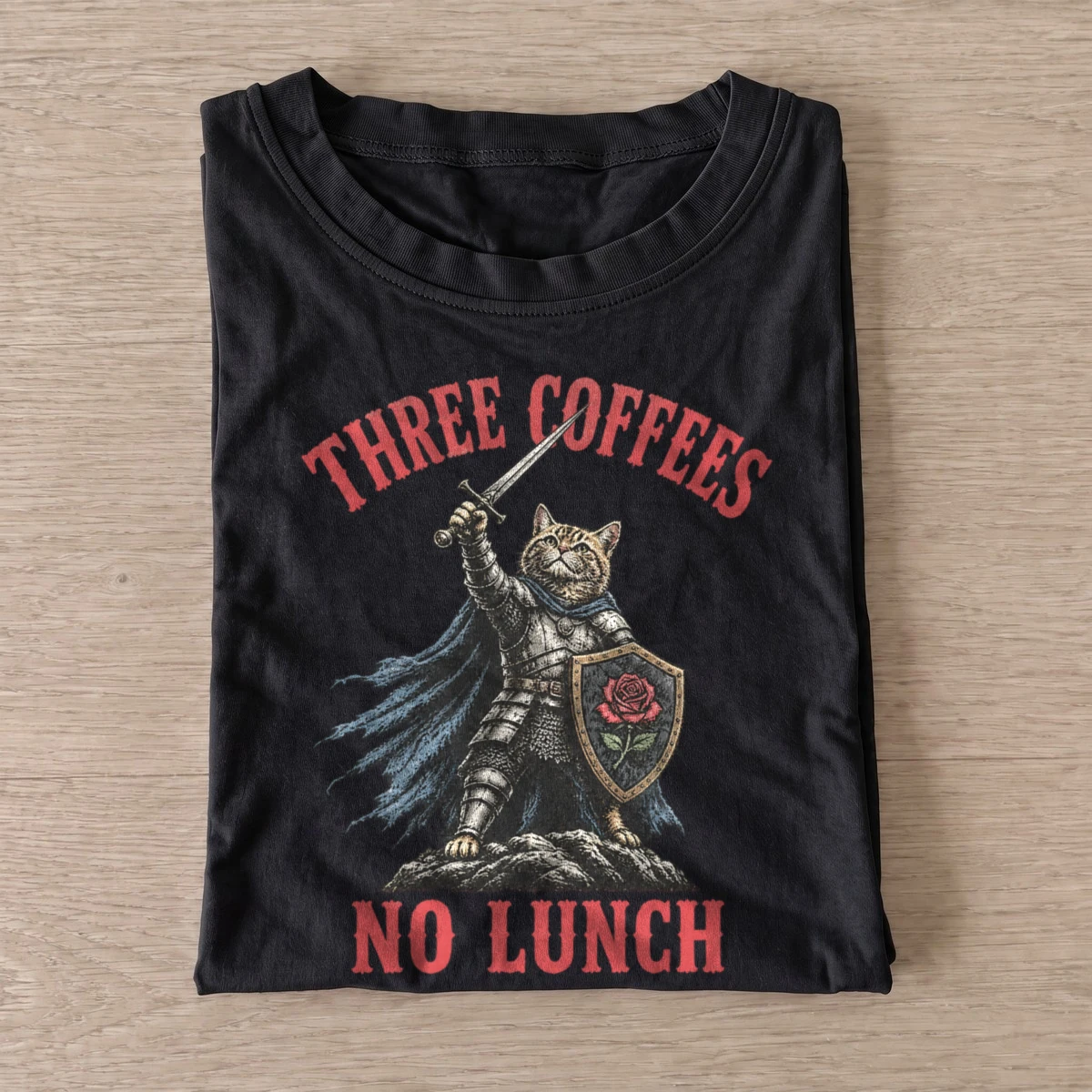 Three coffees no lunch cat knight t shirt black20coffee fueled cat knight.webp