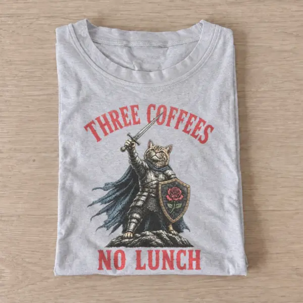 Three coffees no lunch cat knight t shirt gray20coffee fueled cat knight.webp