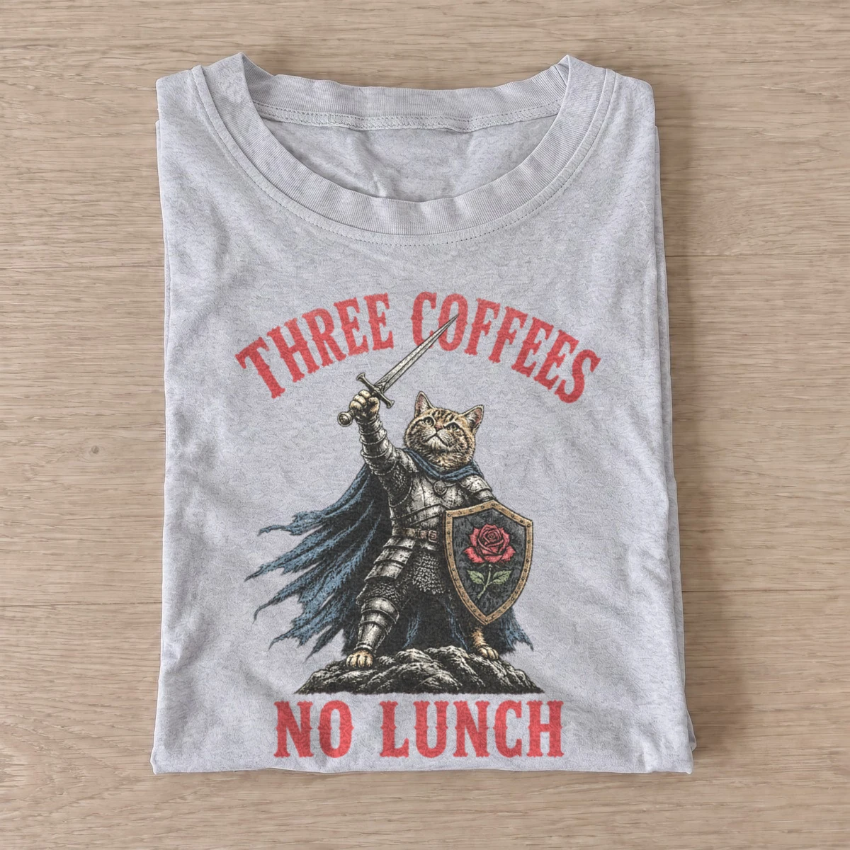 Three coffees no lunch cat knight t shirt gray20coffee fueled cat knight.webp