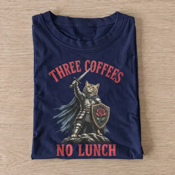 Three coffees no lunch cat knight t shirt navy20coffee fueled cat knight.webp