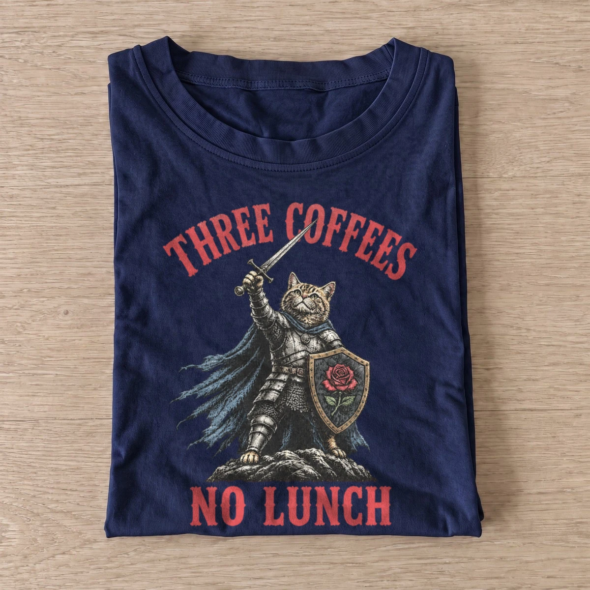 Three coffees no lunch cat knight t shirt navy20coffee fueled cat knight.webp