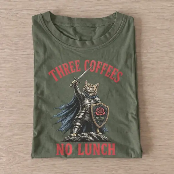 Three coffees no lunch cat knight t shirt olive20coffee fueled cat knight.webp