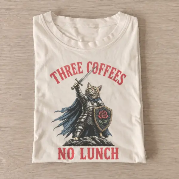 Three coffees no lunch cat knight t shirt sand20coffee fueled cat knight.webp